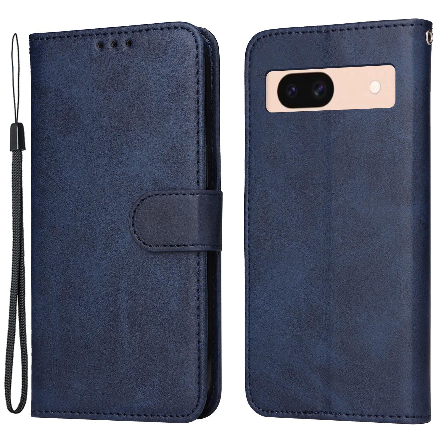 

For Google Pixel 8a Leather Case Traditional Calfskin Phone Cover 3 Card Slots Blue