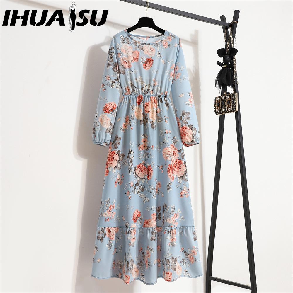 IHUASU 25 Colors Spring Women Maxi Dresses Casual Long Sleeve Floral Print O-Neck Ladies Long Dress Bohe Beach Party Mujer Vestidos Muslim Dress