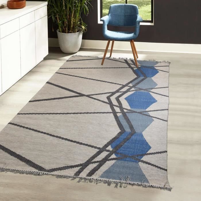 Tapis kilim - UNAMOURDETAPIS - KL BLANBLEU - Vintage - 120x170 cm - Rectangulaire - Bleu