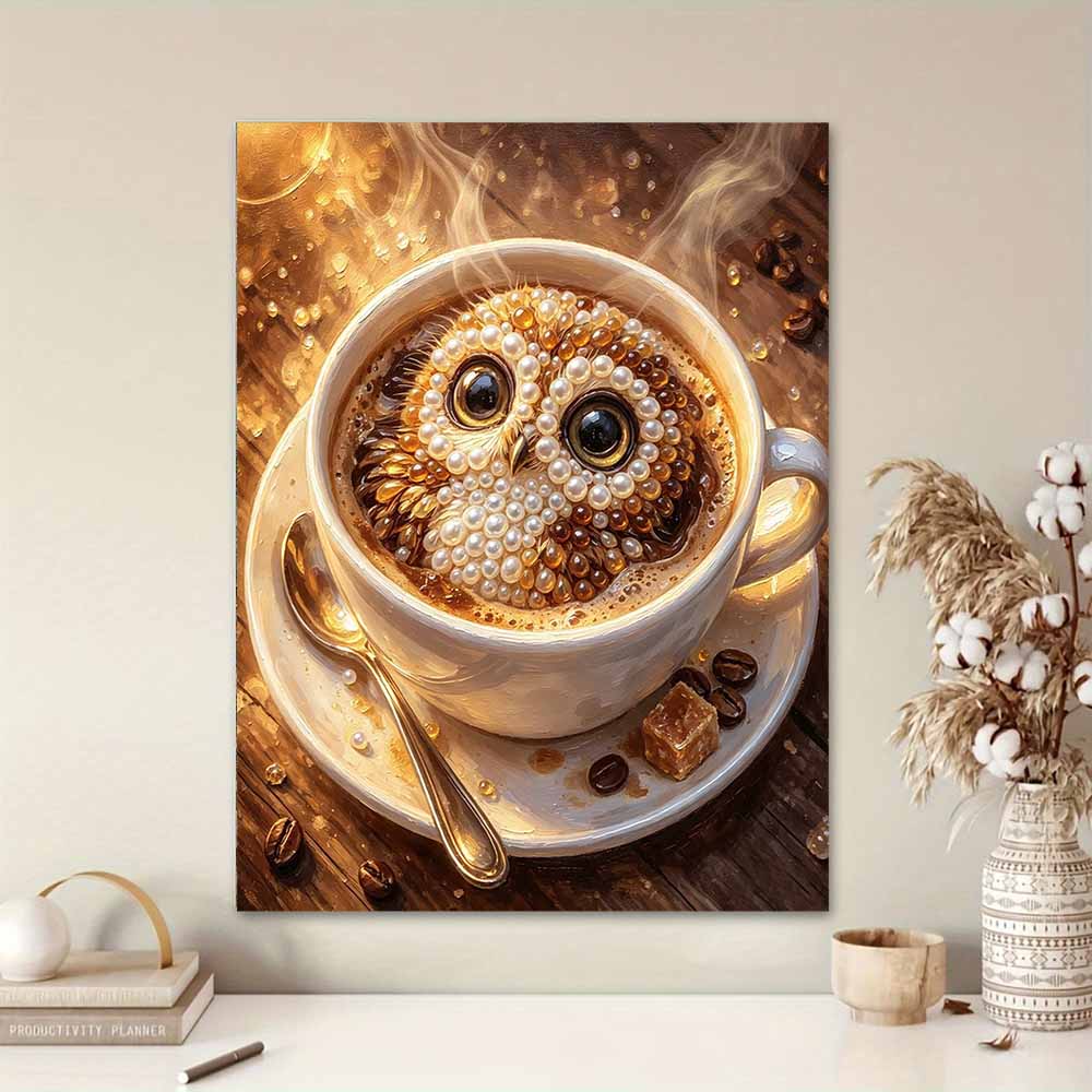 Framed Pearl Bead Painting Kit Owl Coffee Design DIY Shiny Canvas Art Relaxing Craft Gift for Craft Lovers Creative Handmade Decoration Projects