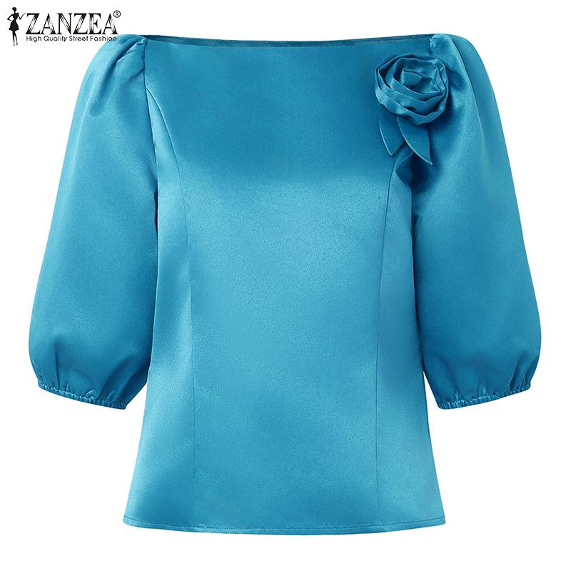 ZANZEA Women Casual Off Shoulder 3/4 Sleeve Satin Blouse