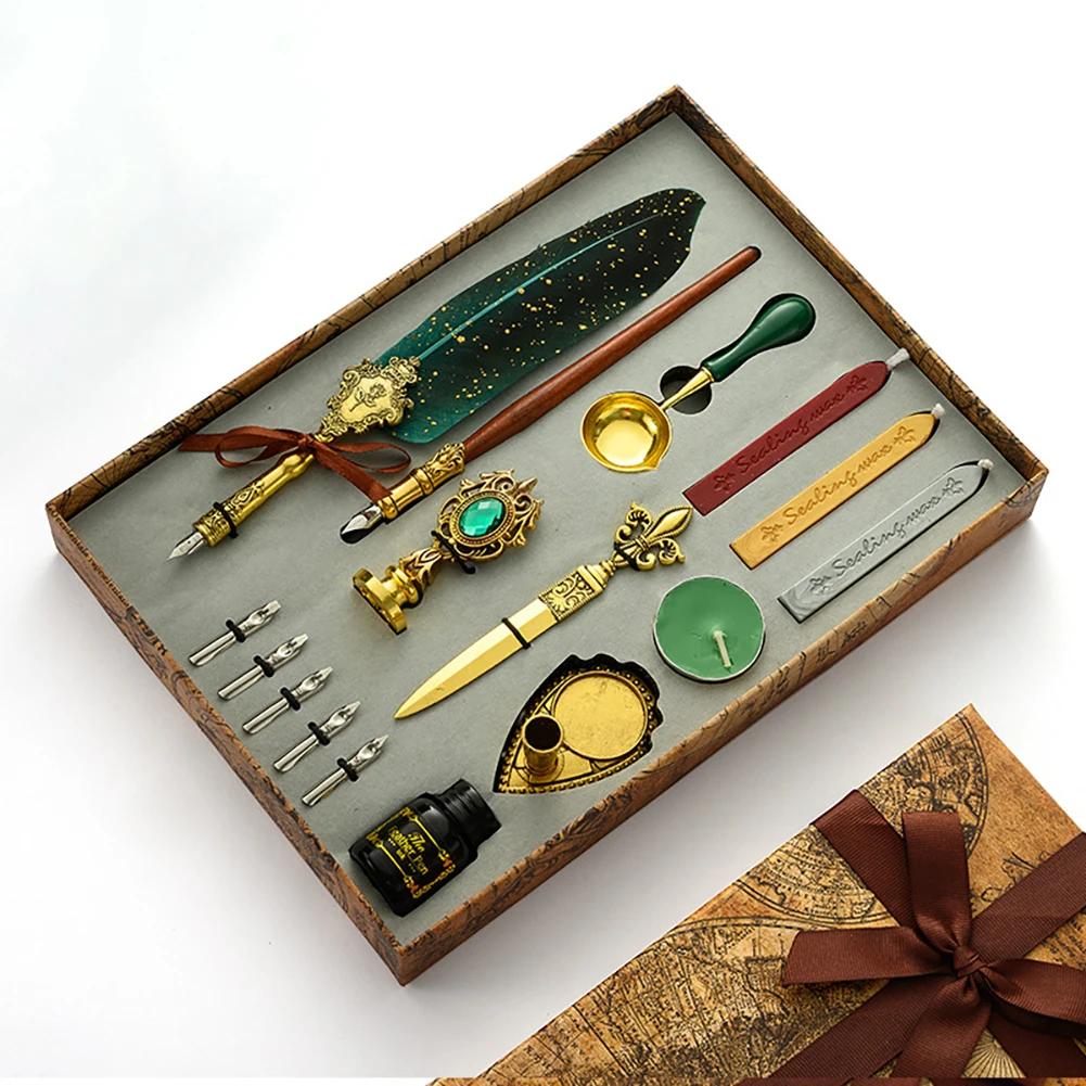 Antique Feather Dip Pen Ink Set Wax Sealing Stamp Kit Calligraphy Pen Letter Writer Pen Handwriting Feather Pen Wax Seal Stamp