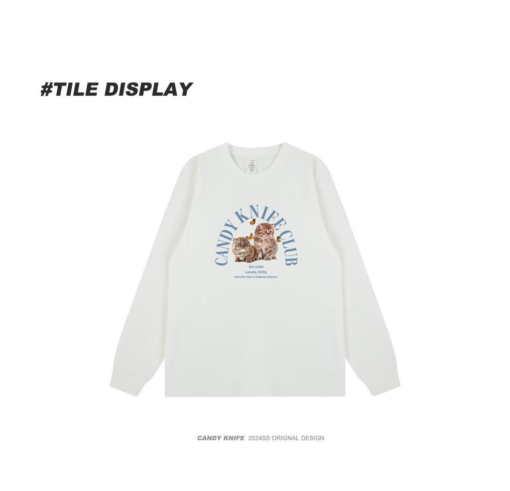 Retro Korean Style Cat Print Cuffed Long Sleeve Top