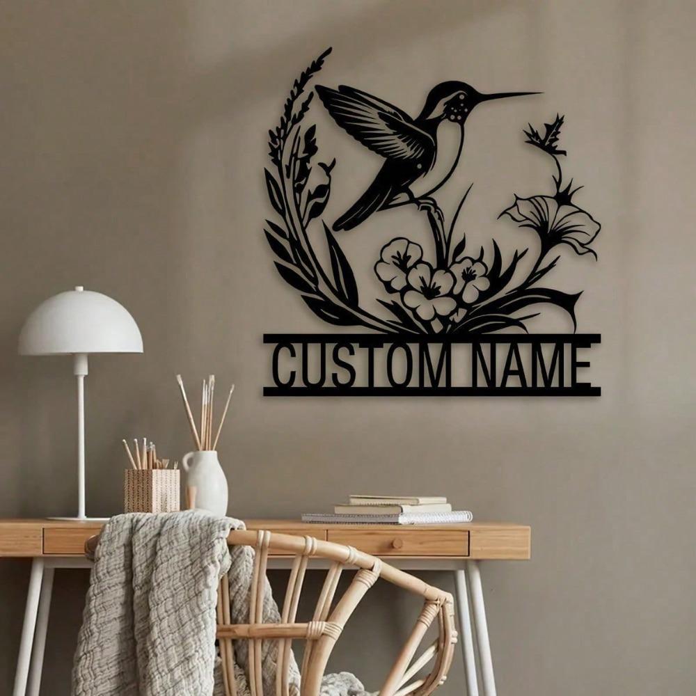 Custom Metal Bird Flower Wall Art, Rustic Farmhouse Decor for Porch Patio, Personalized Name Sign Logo Gift