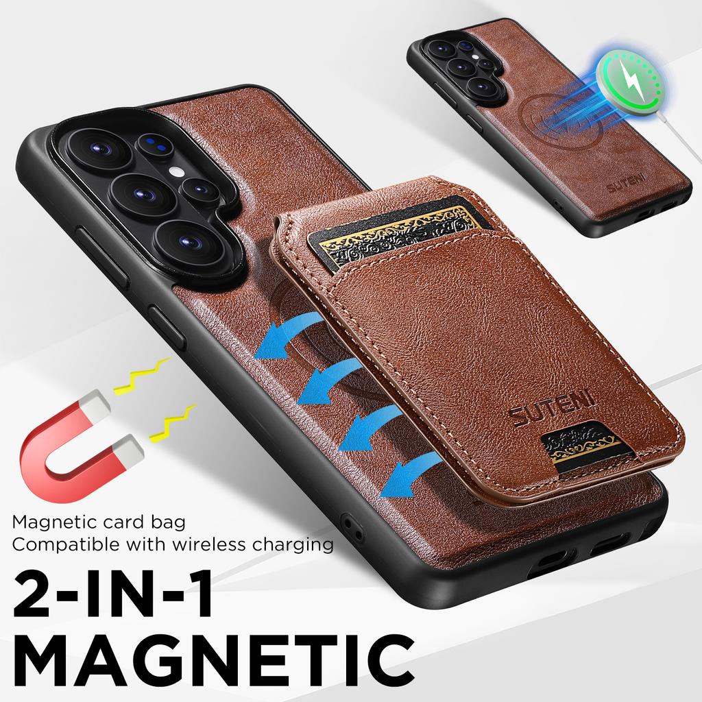 Wireless Charging Magnet Faux Leather Phone Case Card Holder Stand Smooth Surface Wallet 2-in-1 for Samsung Galaxy S26 Ultra S25