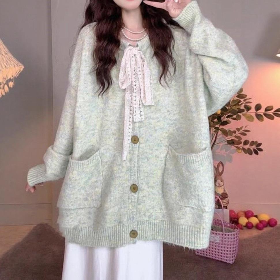 Nadměrný sladký francouzský pletený kardigan - Podzim/Zima 2025 Svetr s mašlí