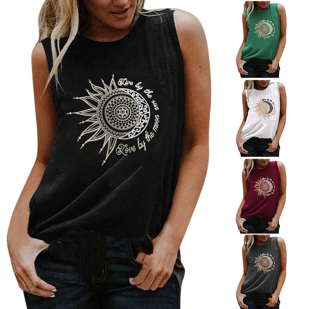 Women's New Sun And Moon Printing Sleeveless Casual Loose Vest Tops