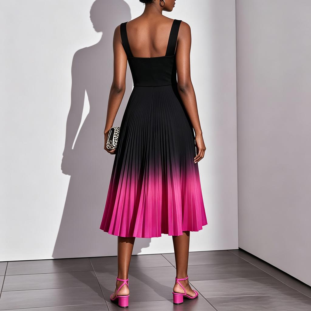 Women's Sleeveless Square Neck Gradient Pleated Midi Dress