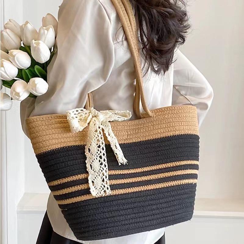 Large capacity woven bag women's shoulder bag cotton thread portable lace straw bag color matching beach bag tote bag