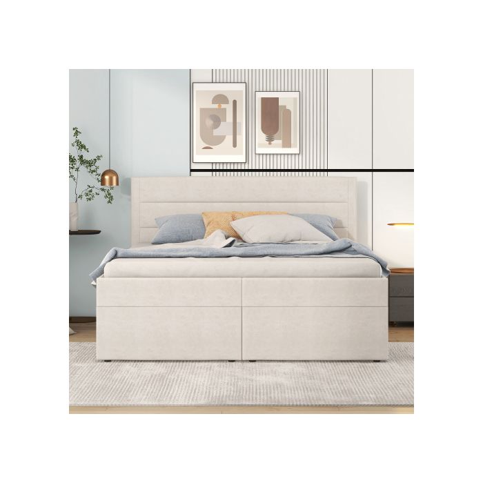 Lit double capitonné - MUVOE - 200x140 cm - Beige - Sommier à lattes - Grand espace de rangement