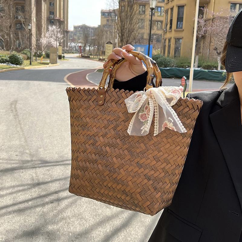 Yogodlns Borsa a mano da donna in paglia intrecciata, casual, fatta a mano, con design cavo in rattan, stile bohémien, per la spesa estiva da viaggio e da spiaggia