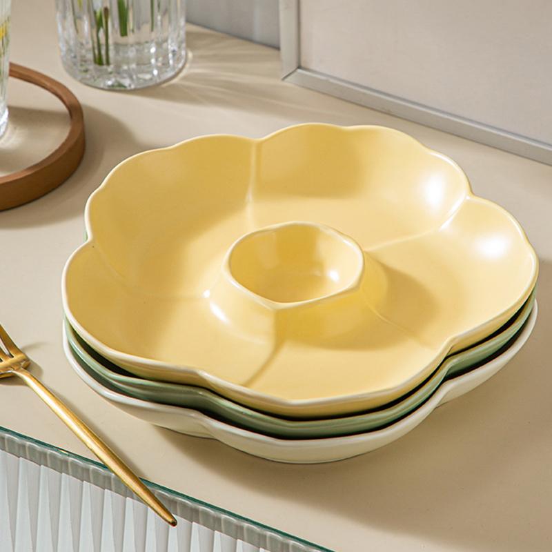 Ceramic Dividing Dumpling Plates New Household 8.5 Inch Flower Shape Kitchen Tableware with Sauce Dish Underglazed Colour Plate