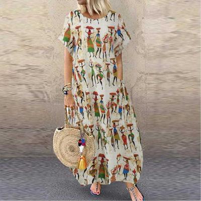 Summer Fashion Vestidos Women Casual Cotton Ramie Short Sleeve Cute Ethnic Print Big Loose Plus Size Vintage Beach National Long Maxi Dress S-5XL