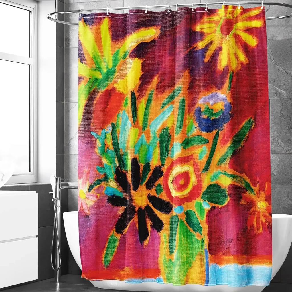 Mexican Floral Shower Curtain, Ethnic Art, Birds and Paisley, Flowers in White,Polyester, Waterproof, Bathroom Decor