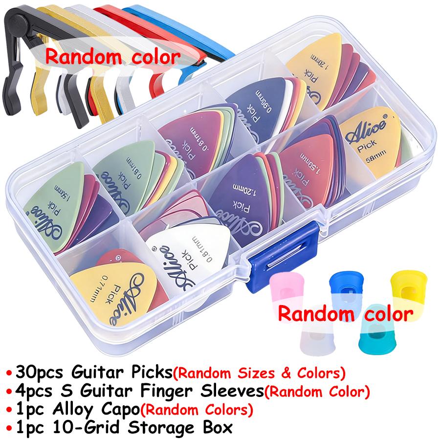 Guitar Accessories Kit - 30pcs Pick & 10-Grid Storage Box 4pcs Finger Protectors & Capo for Acoustic, Electric Guitar & Ukulele