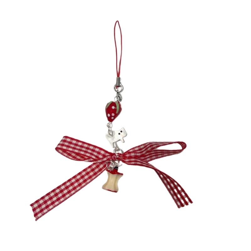 Strawberry Bowknot Charm Phone Strap Phone Charm Keychain Resin Bead Keyring Cute Cat Pendant Women Backpack Ornament 1