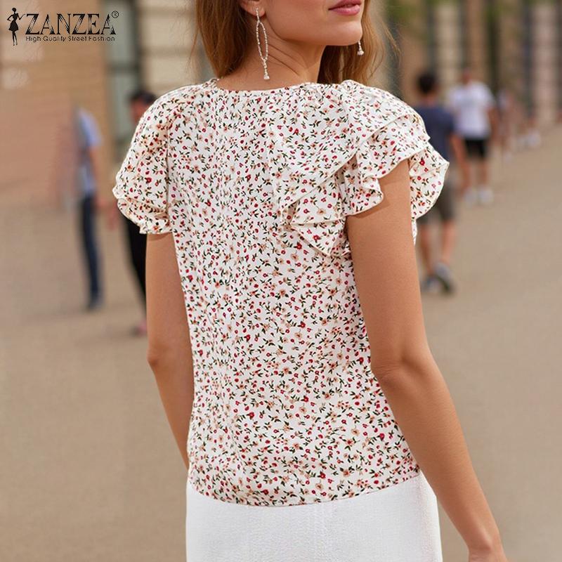 ZANZEA Women Summer Round Neck Ruffled Short Sleeve Floral Print Blouses