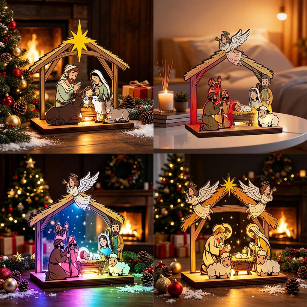 Wooden Scene Light Up Christmas Tabletop Decor Holiday Mantel Decoration