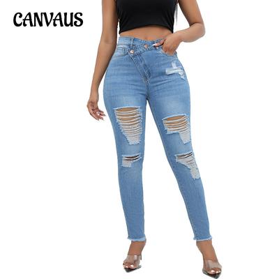 Jeans Talla Grande Agujero Cintura Alta Slim Nicho Pantalón Pantalones de Mujer