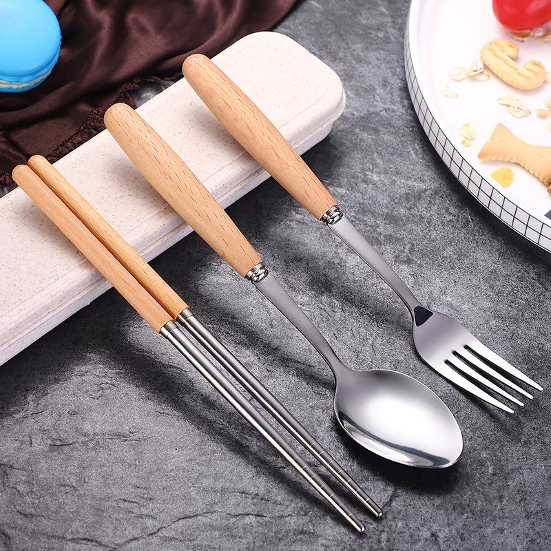 Stainless Steel Cutlery Set with Wooden Handles - Includes Chopsticks, Fork & Spoon for Students and Outdoor Travel.