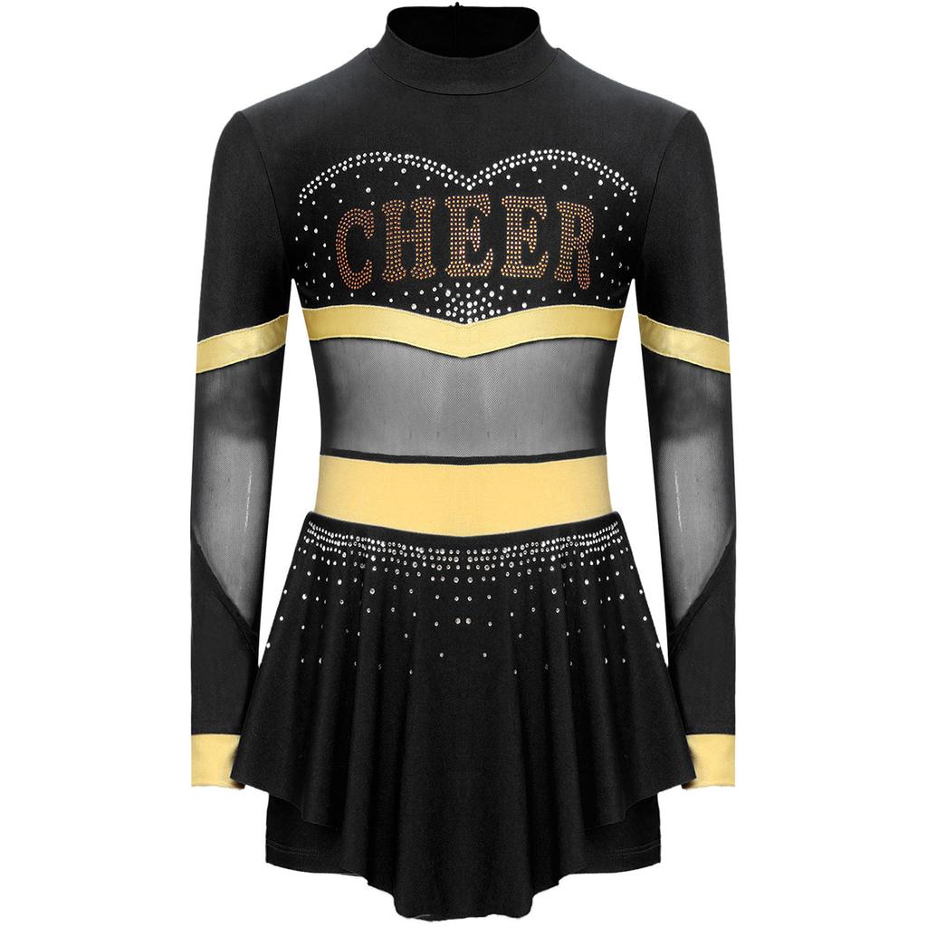 Girls One Piece Cheerleader Costume Long Sleeve Mesh Patchwork Shiny Diamonds Cheerleading Bodysuit