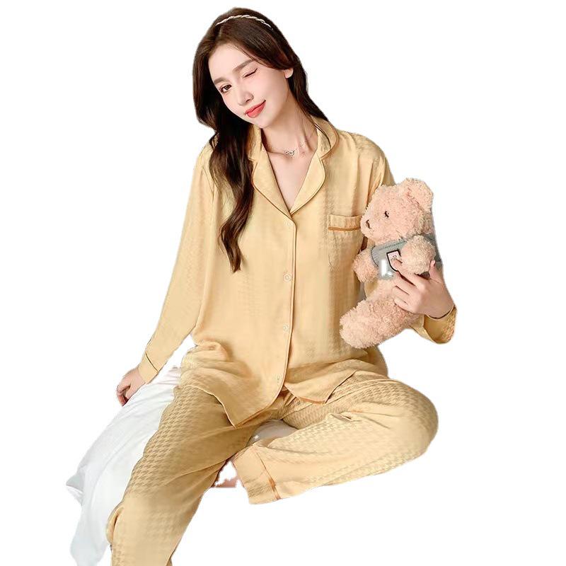 Damen Frühling und Herbst Eis Seide Langarm Jacquard Hahnentritt Pyjama Set für Klimaanlagen