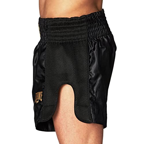 Leone 1947 Muay Thai Kickboxing Shorts, Unisex [ESSENTIAL THAI SHORTS], Satin Material, Elastic Waist, Size M/Black, ABE20 [Authentic]