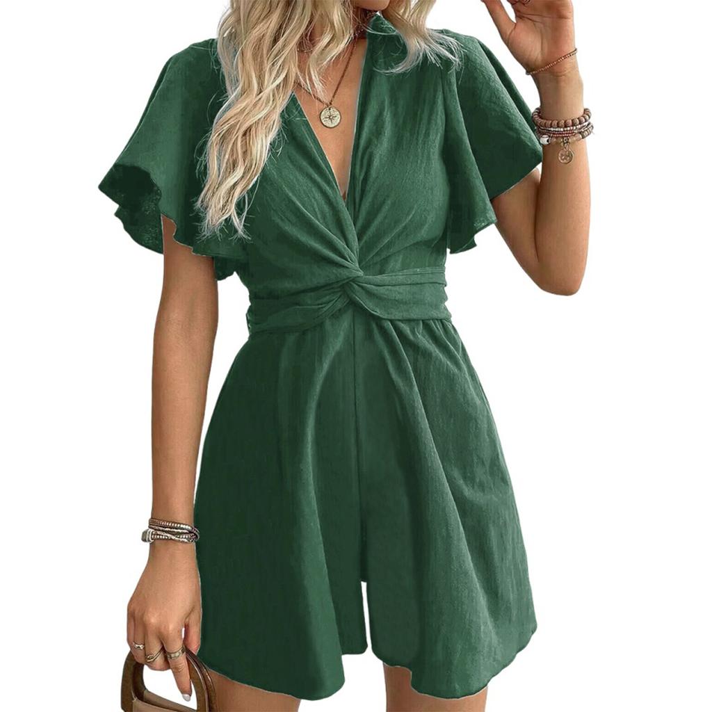Women's Casual V-Neck Solid Color Flared Sleeve Dress Pants