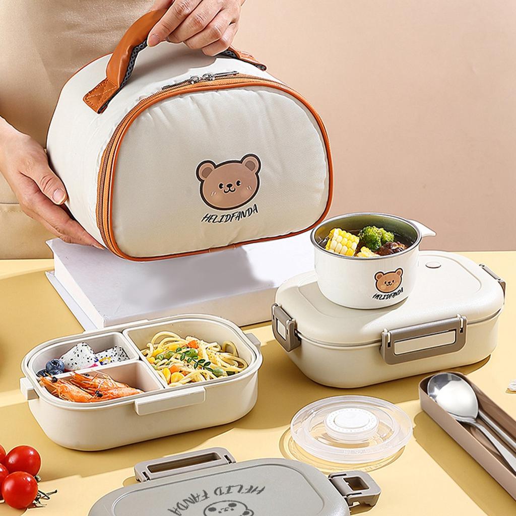 Cute Bear Plastic Divided Food Container Portable Leak-proof Detachable 3 Grids Bento Lunch Box For Kids Student Microwave Safe