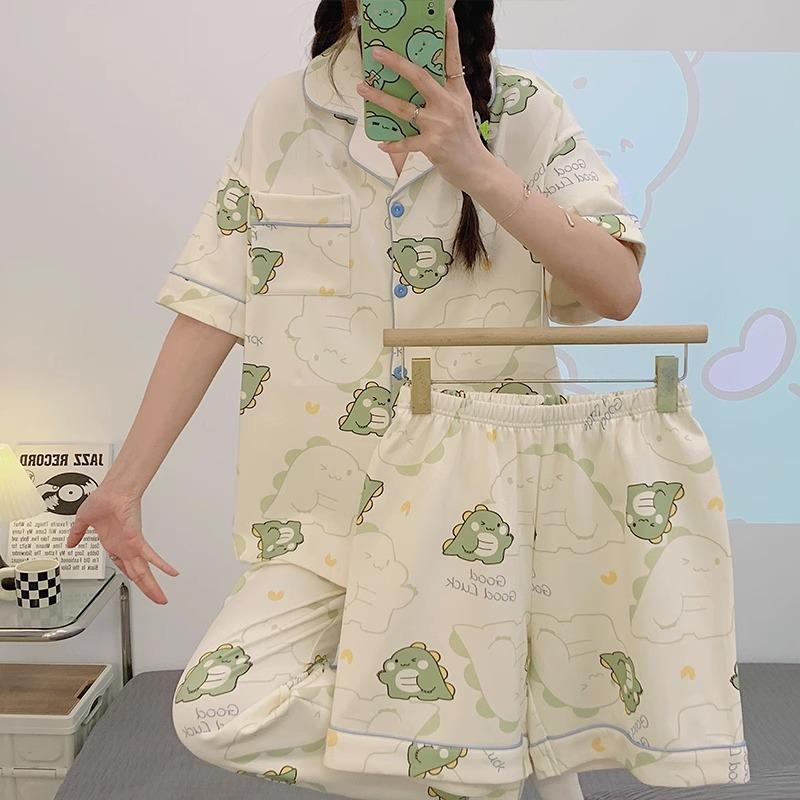 Spring And Summer Pajamas Women'S Short-Sleeved Three-Piece Cartoon Cute Little Dinosaur Lazy Style Loungewear