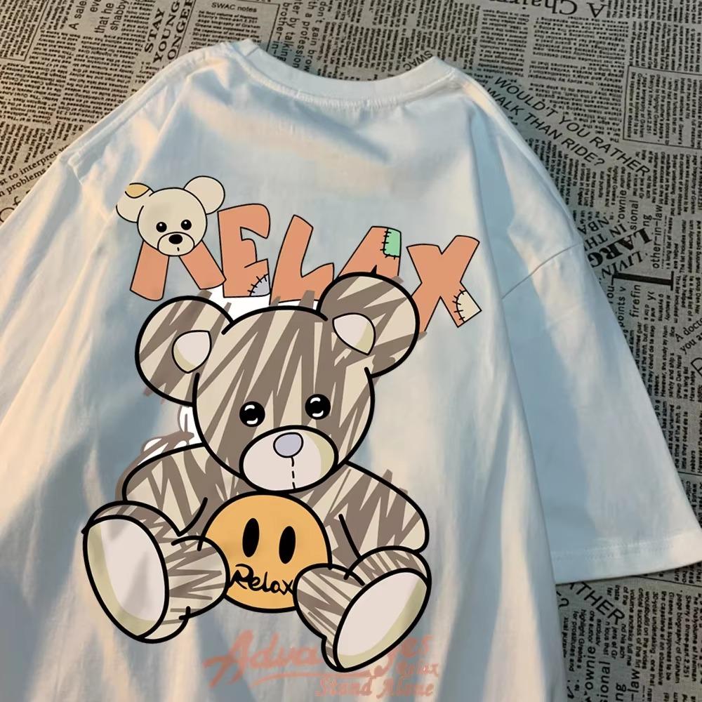 Relax Oneself Teddy Bear Men Women T-Shirt Street Cotton T Shirt Crewneck Breathable Tops Loose Summer T Shirt Crewneck Fashion