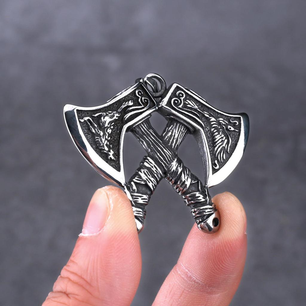 Stainless Steel Viking Axe Pendant Chain Necklace for Men Jewelry Accessory Gift Box