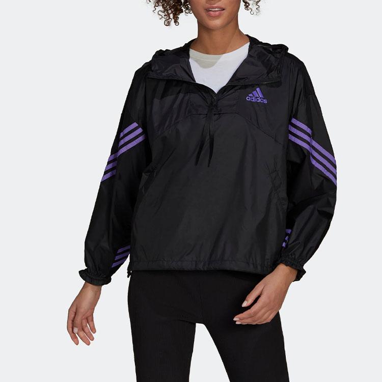 adidas Striped Half-Zip Packable Sports Hooded Jacket Women Jackets Black H65722