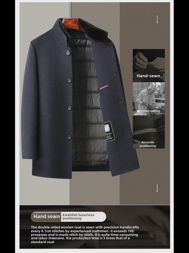 Abrigo de Lana de Largo Medio para Hombre con Piel de Visón, Forro Desmontable de Plumón de Ganso y Cuello Mao