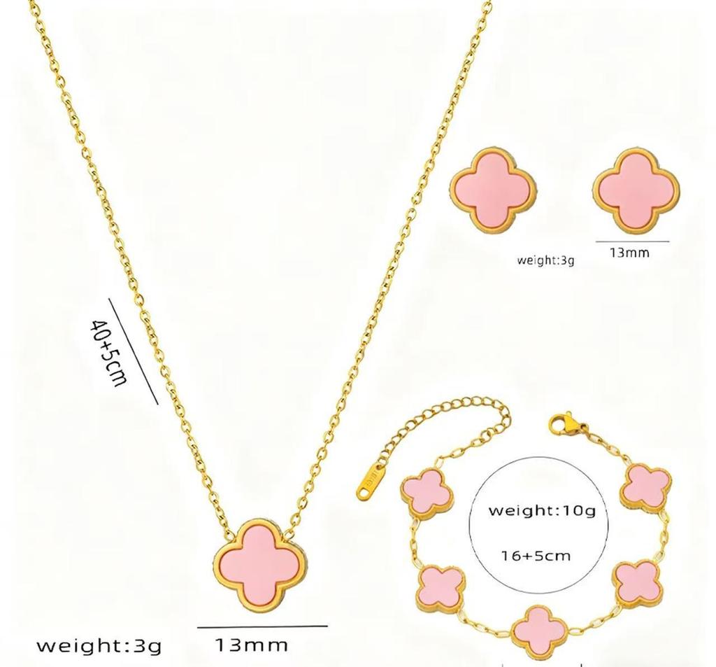 13mm Vierblättriges Kleeblatt Titanstahl Schmuckset: 18K Armband, Halskette, Ohrringe