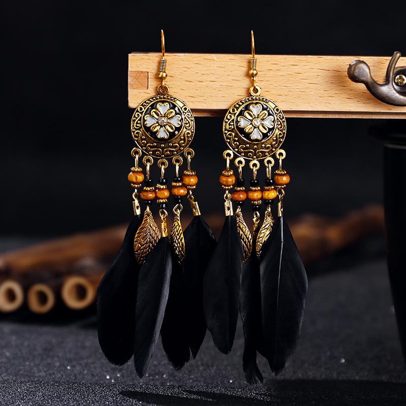 Bohemian Vintage Zircon For Women 2024 Trendy Carved Leaf Feather Tassel Long Earrings