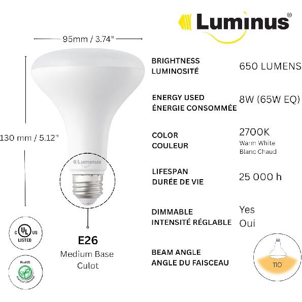 

Luminus PLYC5294 BR30-8W (65W) 650 Lumens Warm White 2700K Dimmable Led Light Bulb - 16 Pack,