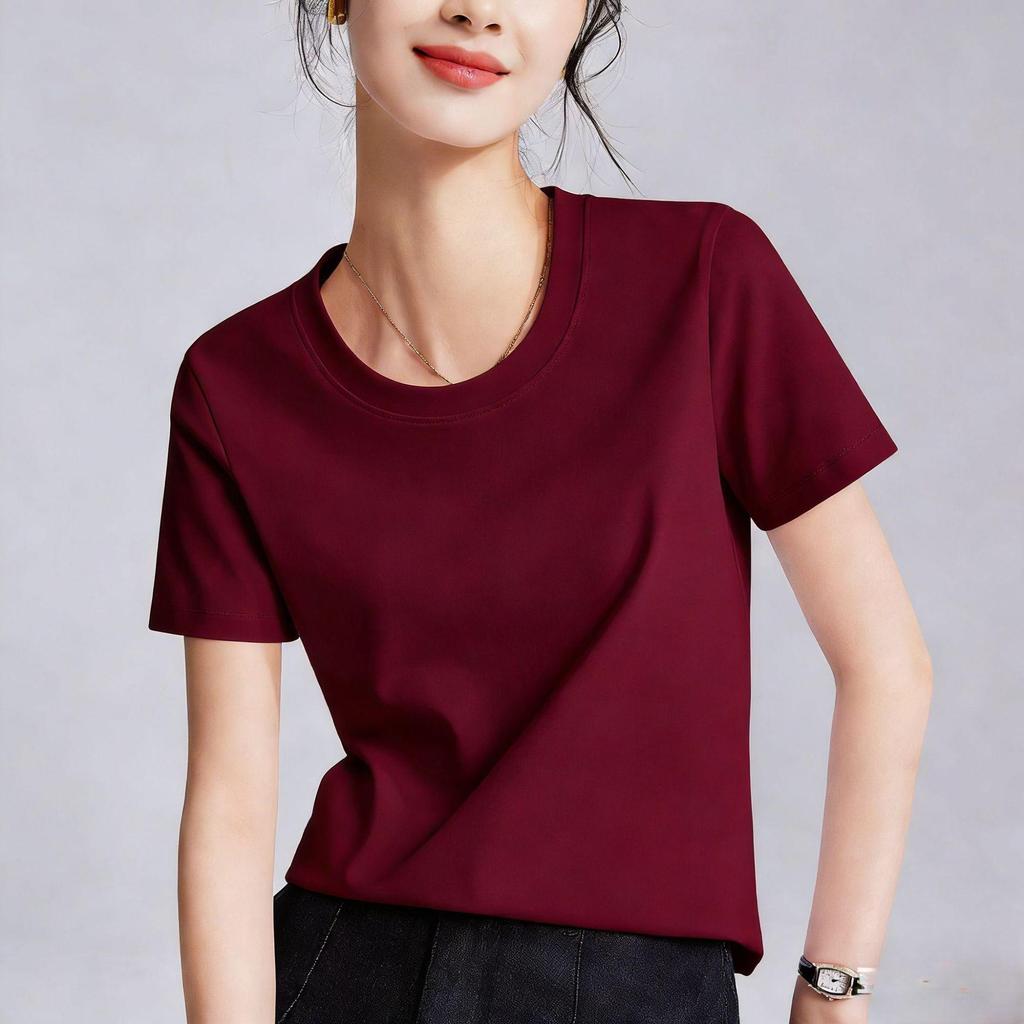 Women's Double-Sided Mercerized Cotton Slimming T-Shirt: Cool, Breathable, Plus Size, Regular Shoulder, Round Neck, Short Sleeve, Summer Wear.