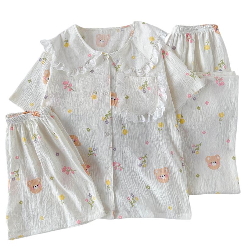 Cloud Cotton Pajamas Women'S Summer Short-Sleeved Thin Cute Cartoon Loungewear Doll Collar Three-Piece Set