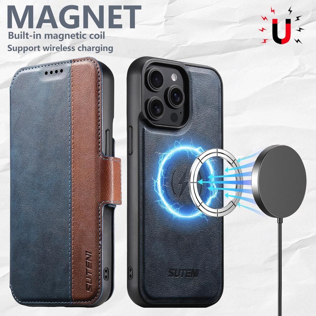 SUTENI Q-07 For iPhone 16 Pro Case Magnetic Color Splicing Cowhide Texture Leather Cover