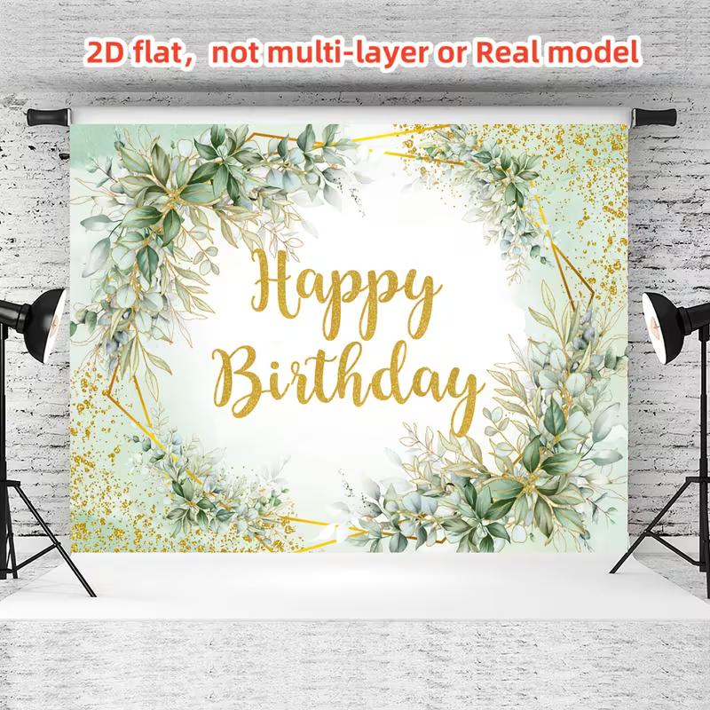 2D Green Gold Happy Birthday Backdrop for Baby Shower & Birthday Party