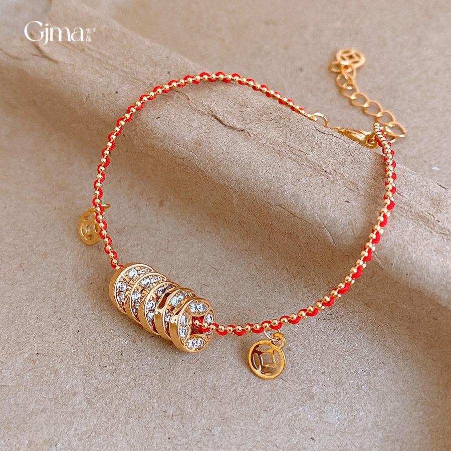 18k real gold electroplated new Chinese zircon copper coin red rope bracelet bracelet retro temperament jewelry