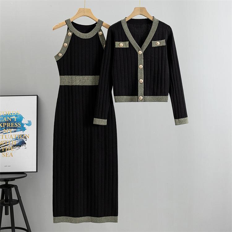 Knit Bodycon Dresses Two Piece Sets Women V Neck Short Sweater Cardigan Conjunto Korean Chic Sexy Slim Tank Maxi Vestidos Outfits