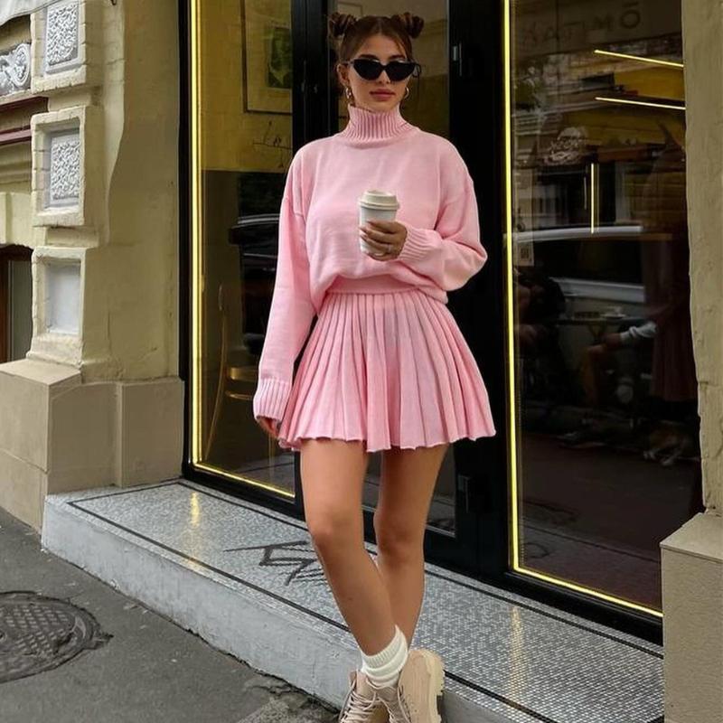 

Трикотажные юбки с высокой талией и складками, комплекты женской моды, пуловер с высоким воротником и длинными рукавами, свитер Femme Street, повседневные свободные юбки, комплекты из 2 предметов, женские наряды