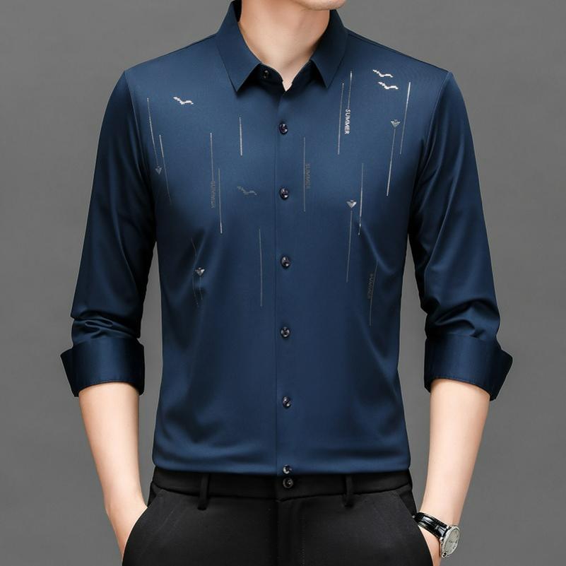 Men's Long-sleeved Shirt Seagull Print Spring and Autumn Fashion Stretch Seamless Non-iron Casual Shirt Men