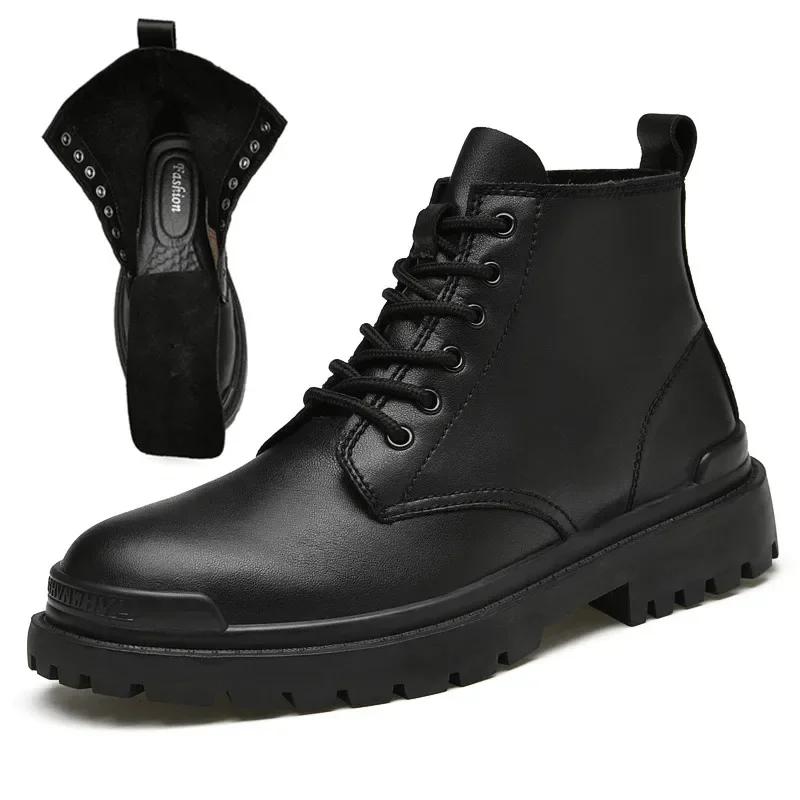 

Fashion Genuine Leather Motorcycle Boots Men Winter Warm Snow Ankle Boots Man Quality Outdoor Shoes Leisure Walking Shoes Big Size 38-48 38