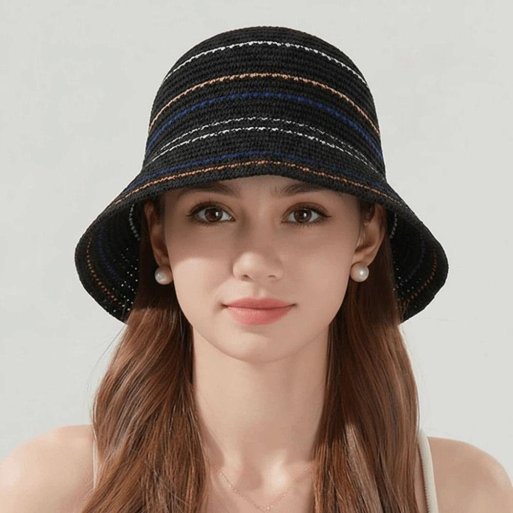 Hollow Out Sunshade Basin Cap Breathable Colorful Striped Fisherman Hat Knitted Bucket Hat  Travel