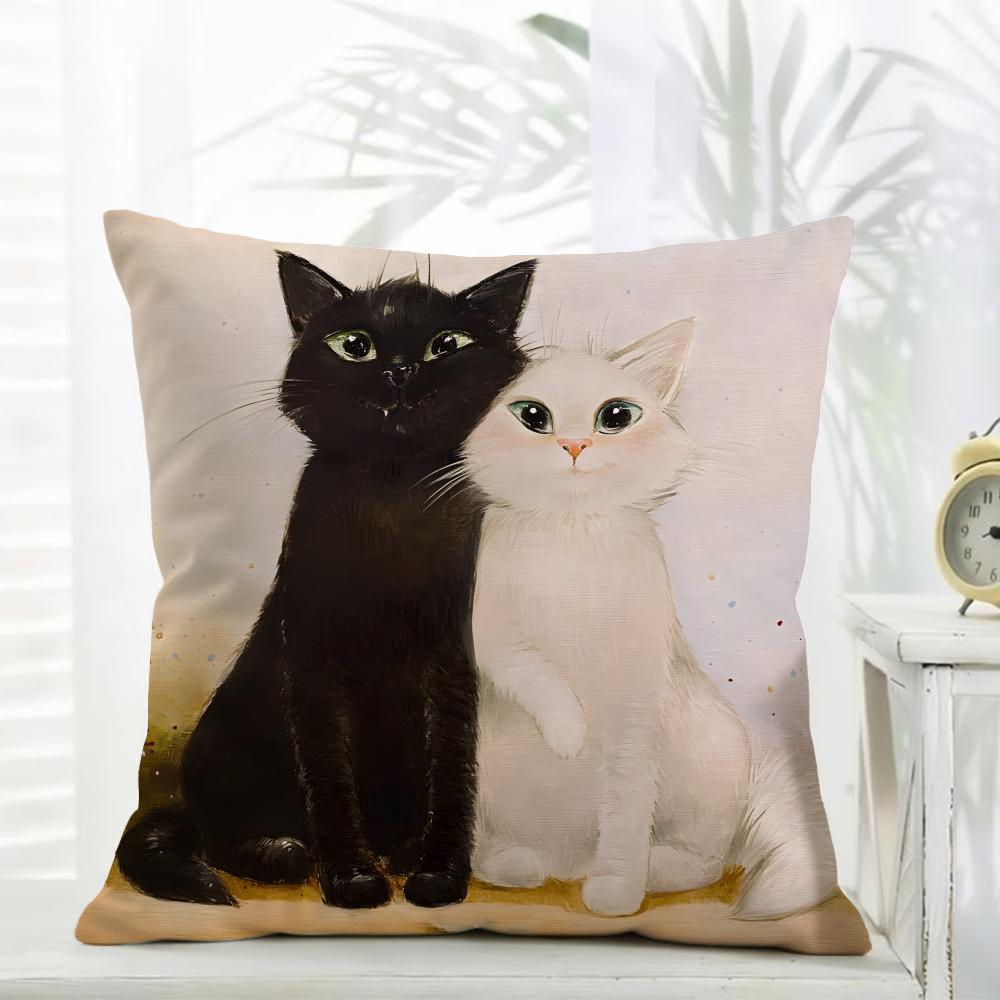 L-Little Black Cat Couple Pillow Cute Cushion Cover Daily Washable Linen Pillowcase Soft For Sofa Bed Home Room Decor