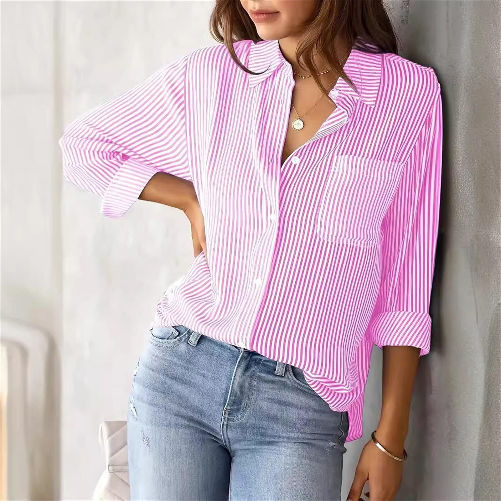 

Женская однотонная рубашка в полоску с длинным рукавом, на пуговицах, с отложным воротником, свободного кроя XL розовый