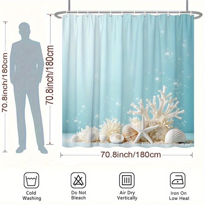 Záclona s mušlemi a hvězdicemi - Korálová, Světle modrý přechod, Polyester, 12 háčků, 70,8 palce, Koupelnová dekorace